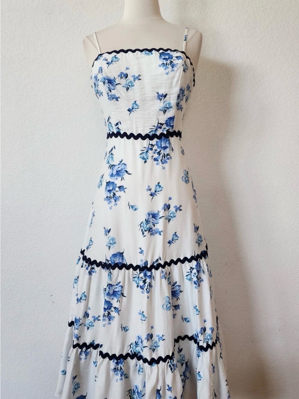 Anthropologie White Maxi Dress with Blue Floral Print and Navy Trim